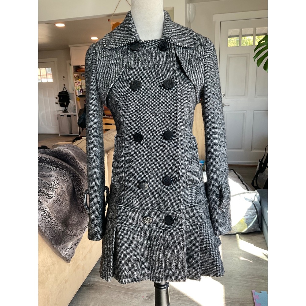 GUESS Wool-Blend Herringbone Tweed Pea Coat Dark Academia Gothic Y2K Preppy